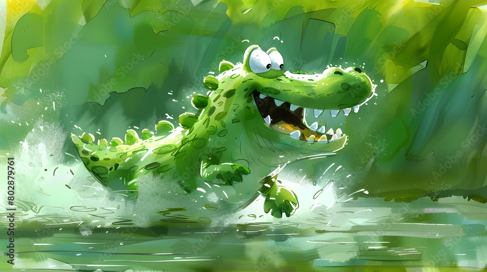 Naklejka premium Dynamic illustration of a green crocodile splashing in water, showing movement and excitement.