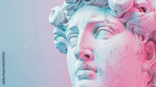 Gypsum copy of the ancient statue of Venus de Milo in pastel tone for artists on pink blue background. Plaster sculpture of a woman's face. Art modern poster in soft colors. Love, beauty, feminism.