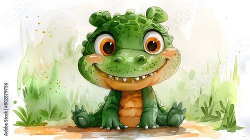 Cheerful green crocodile cartoon illustration with a wide smile, standing in a playful pose.