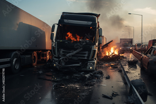 AI generated image of heavy truck accident in evening on highway
