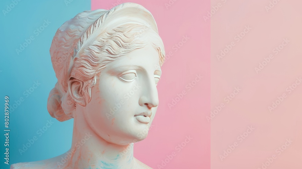 Gypsum copy of the ancient statue of Venus de Milo in pastel tone for artists on pink blue background. Plaster sculpture of a woman's face. Art modern poster in soft colors. Love, beauty, feminism.