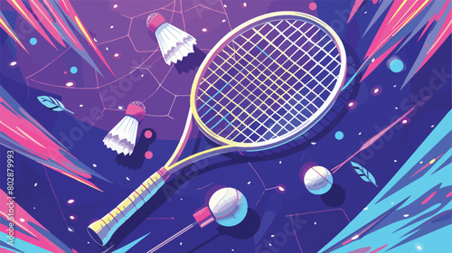 Badminton racket and shuttlecocks on color background