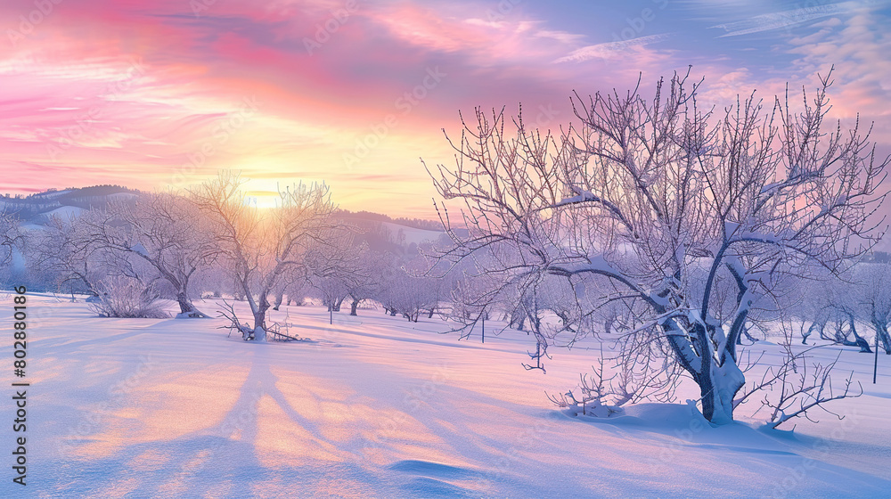 Obraz premium A beautiful winter landscape with trees covered in snow, and the sky painted by colorful pastel hues of sunrise. The sun rises over distant hills, casting long shadows on the snowy ground below.