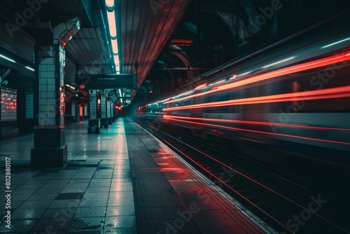 Futuristic Subway Station with Blurred Train in Motion at Night  subway