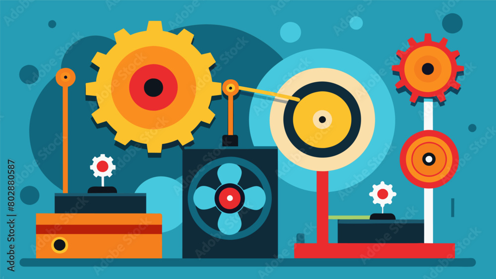 Obraz premium A series of gears and levers working in unison to control the speed of the record players rotation. Vector illustration