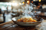 A rustic wooden table adorned with a steaming plate of pasta alla rusticana, exuding warmth and comfort in every flavorful bite.