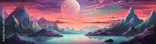 Serene alien landscape with glowing moon