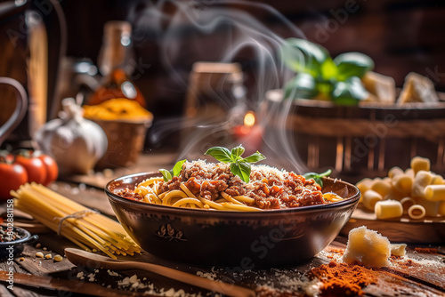 A rustic wooden table set with a steaming bowl of bolognese  the hearty sauce swirling amidst strands of pasta  evoking the comforting aroma of home-cooked Italian cuisine.