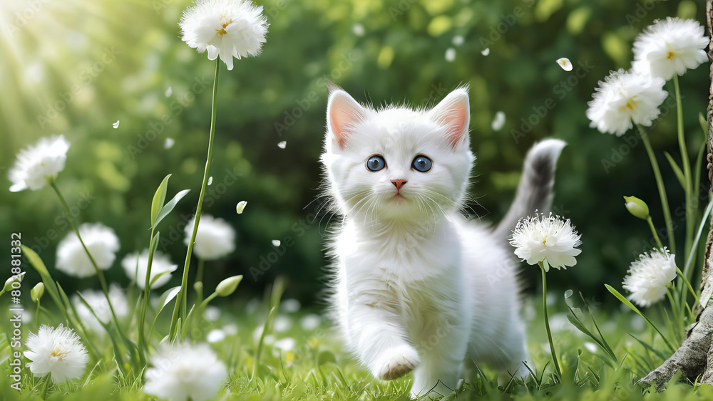 white kitten is walking through a field of flowers