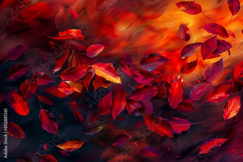 Crimson leaves pirouette in a vibrant autumn windstorm. photo