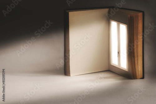 open book with a surreal illuminated window on a page, abstract concept