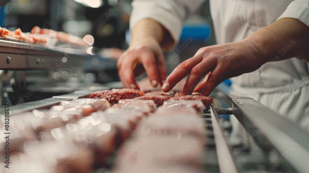 A worker shapes hamburger patties along a production line