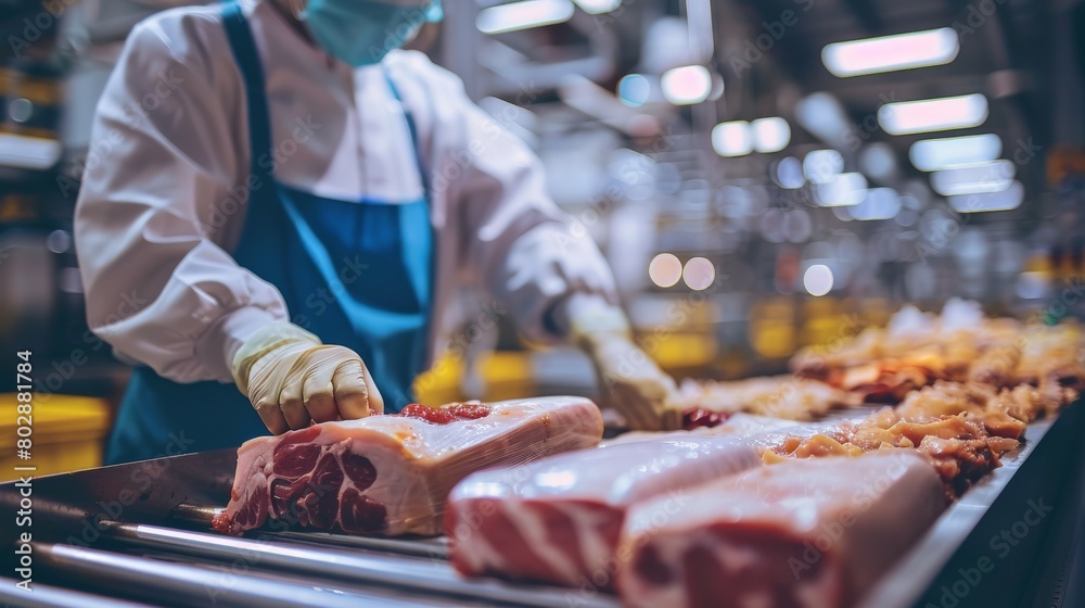 A worker wearing a hairnet, gloves, and apron is cutting meat in a food processing plant.