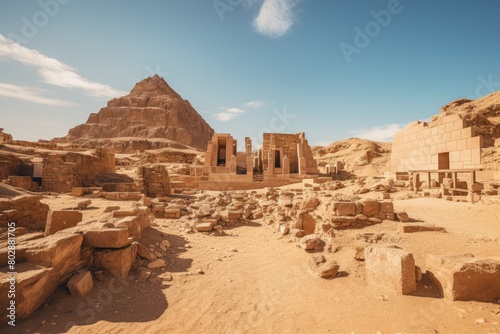 ancient desert ruins with pyramid-shaped structure