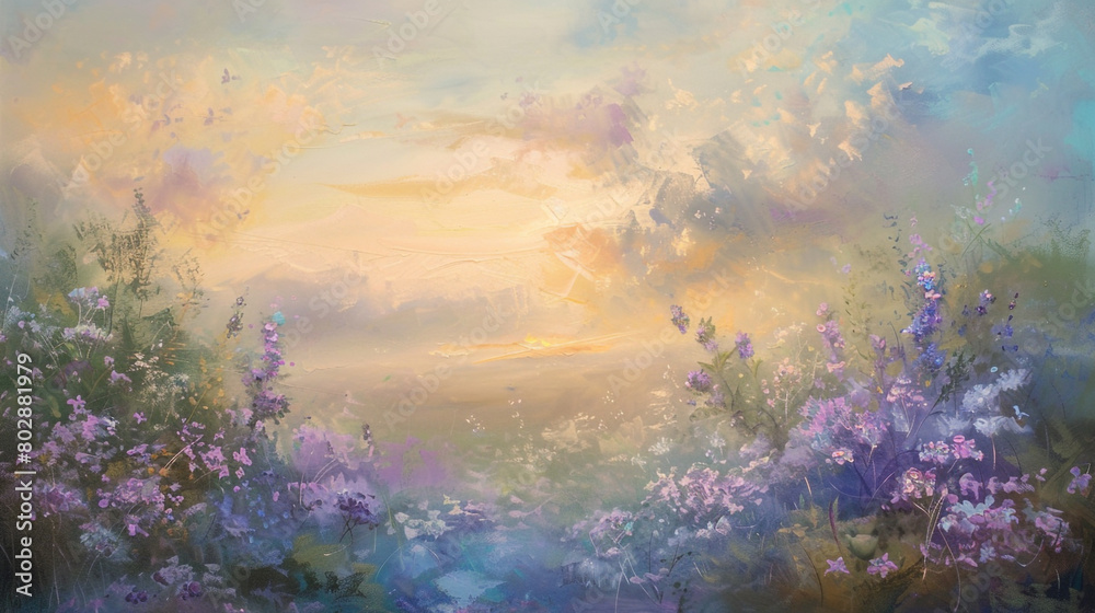 Soft pastel hues blend delicately as wisps of lavender and baby blue dance across a serene landscape, kissed by the golden glow of dawn's first light. Delicate blossoms sway gently in the breeze.