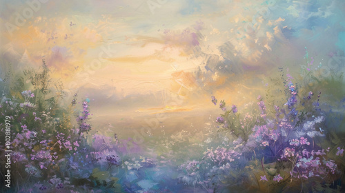 Soft pastel hues blend delicately as wisps of lavender and baby blue dance across a serene landscape, kissed by the golden glow of dawn's first light. Delicate blossoms sway gently in the breeze. © Ameer