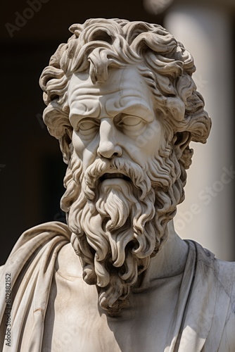 Detailed sculpture of a bearded man with flowing hair