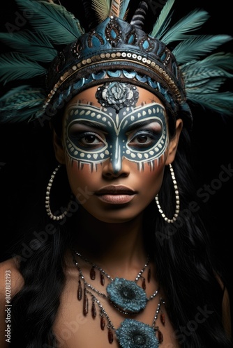 Mysterious tribal warrior in ceremonial headdress and makeup