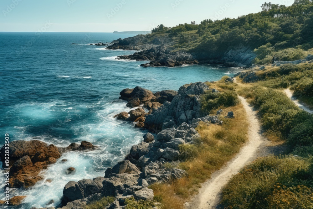 Scenic coastal trail with rocky cliffs and crashing waves