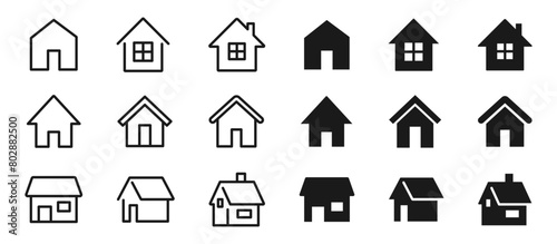 家のオブジェクト、シンプルなホームアイコン、住宅と不動産のベタ塗りと線画のベクターイラストセット白い背景