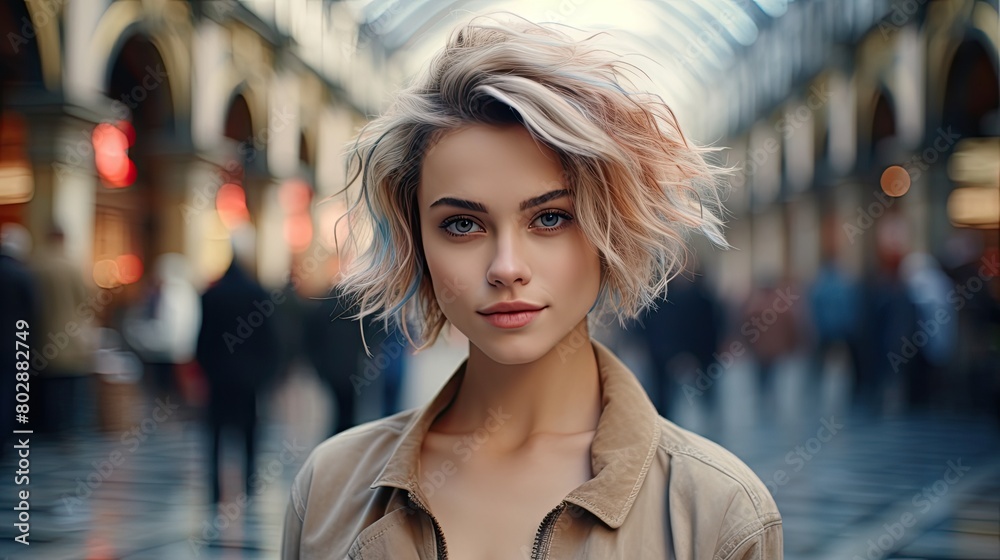 Stylish woman with wavy blonde hair in city street
