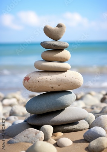 Balanced stones on beach with heart-shaped rock