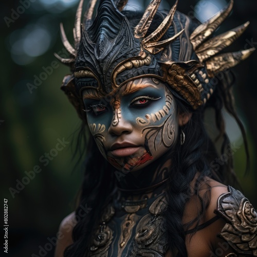 Mystical fantasy warrior woman with elaborate makeup and headdress