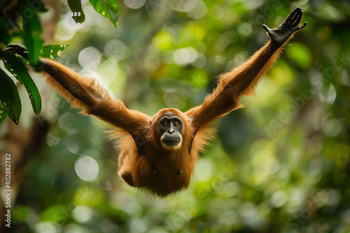 A close-up shot of a monkey swinging through the lush rainforest canopy, its arms outstretched in a graceful arc. photo