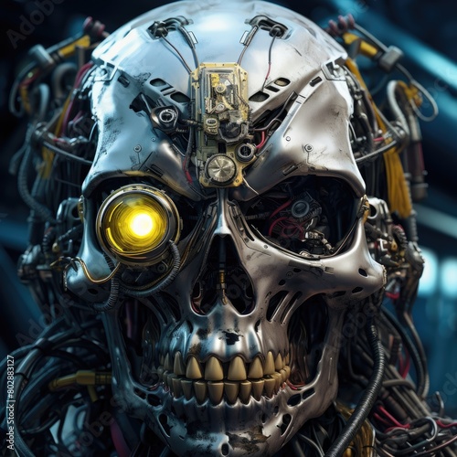 Futuristic Cyborg Skull with Glowing Eye