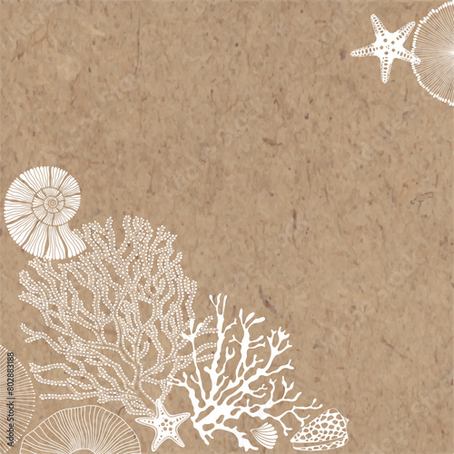 Marine art templates.  Vector illustration with hand-drawn sea creatures, shells, starfish, corals on kraft paper. For cards, flyer, poster, banner, brochure, post in social networks, advertising © maritime_m