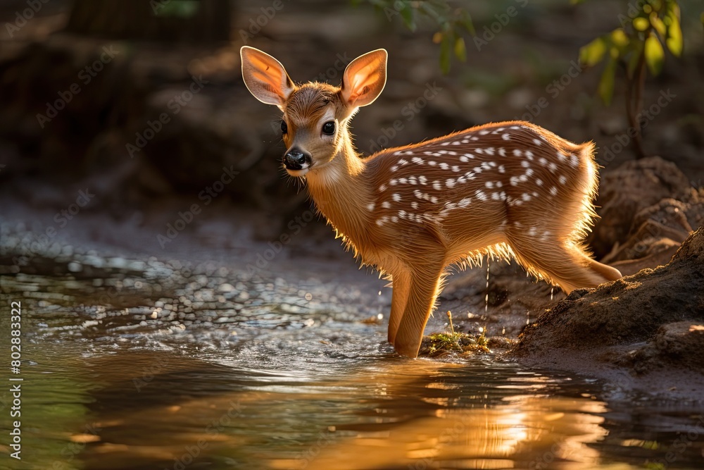 Fototapeta premium Adorable spotted deer standing in water