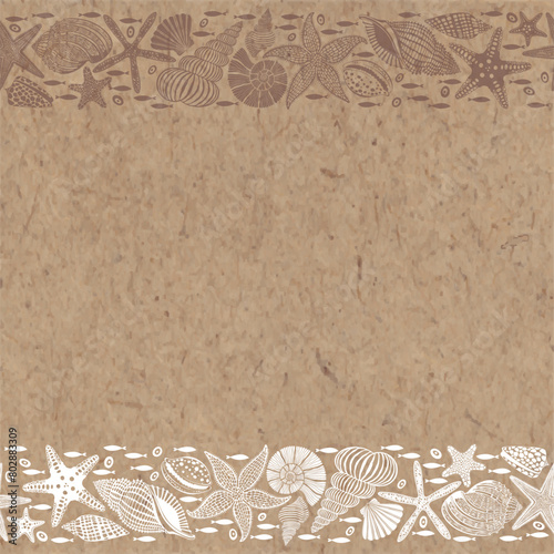 Pre-made design with seashells, starfish, fish  and place for text on kraft paper. Vector layout decorative greeting card or invitation design background.
