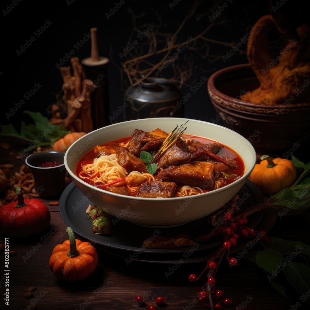 Hearty autumn stew with noodles and vegetables