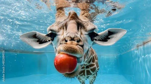 Fluffy Delighted Giraffe Swimming Underwater to Catch a Red Apple with Joyful Expression