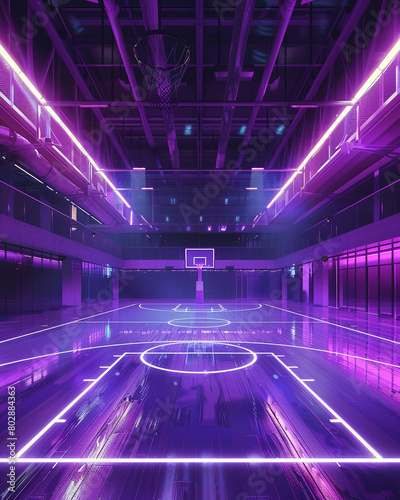 A basketball court bathed in purple neon lights, creating a vibrant, futuristic sports environment