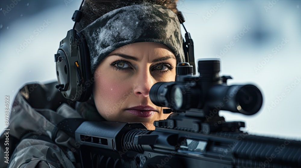 Female sniper in winter gear aiming rifle Female sniper in winter gear aiming rifle