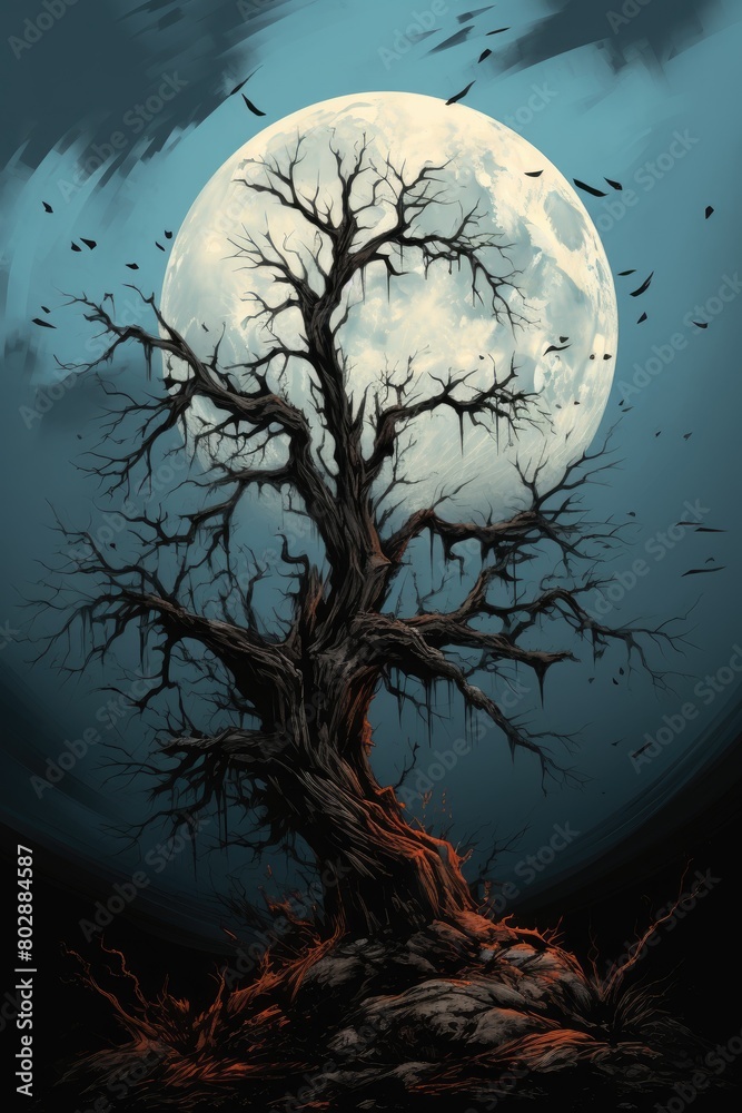 Haunting tree silhouette against a full moon