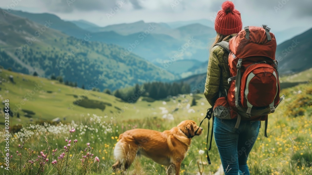 girl hiking with her dog in the mountains