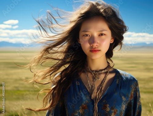young woman with flowing hair in windy field