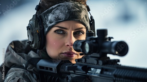 Female sniper in winter gear aiming rifle