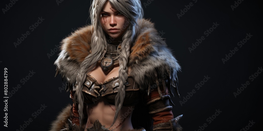 Fierce warrior woman in fur-trimmed armor