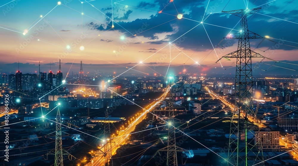 Electricity flows through tall poles in cities, linked to smart grids. This system delivers and transmits energy at high voltages for homes and businesses. Electricity flows through tall poles in cities, linked to smart grids. This system delivers and transmits energy at high voltages for homes and businesses.