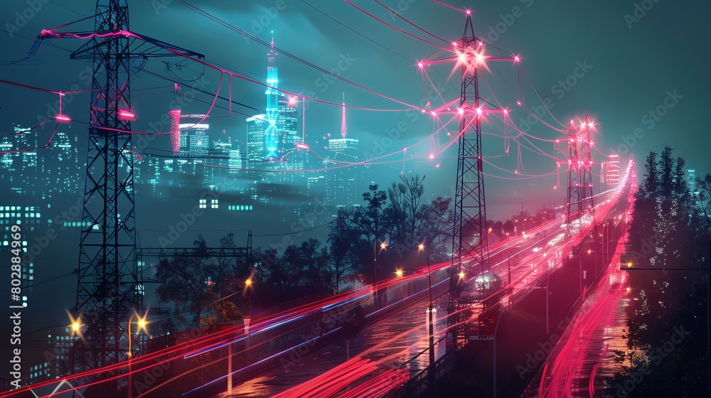 Electricity flows through tall poles in cities, linked to smart grids. This system delivers and transmits energy at high voltages for homes and businesses.