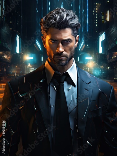 Intense businessman in dark suit and tie in futuristic city