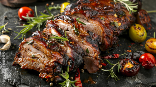 Sliced traditional jamaican jerk pork, presented on a slate board with fresh herbs and cherry tomatoes