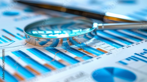 Close-up of magnifying glass on financial charts. Detail-focused financial analysis concept for design and banner.