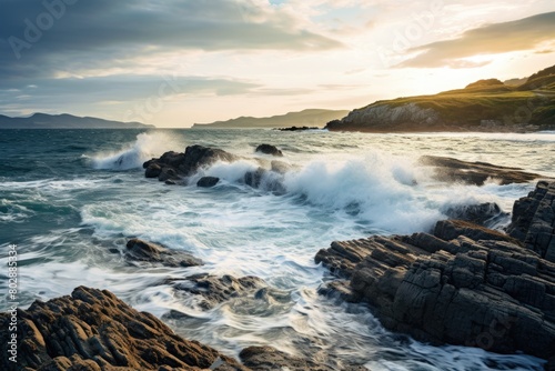 Dramatic seascape with crashing waves and rugged coastline