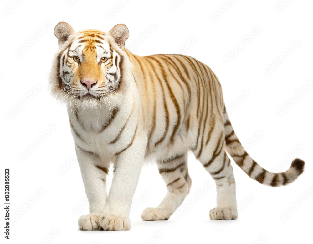 Obraz premium Albino Tiger auf vier beinen isoliert auf weißen Hintergrund, Freisteller 