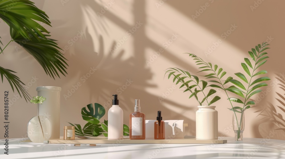 Skincare products presentation on a marble surface with tropical plants.