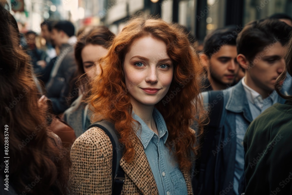 young woman with curly red hair in crowd young woman with curly red hair in crowd